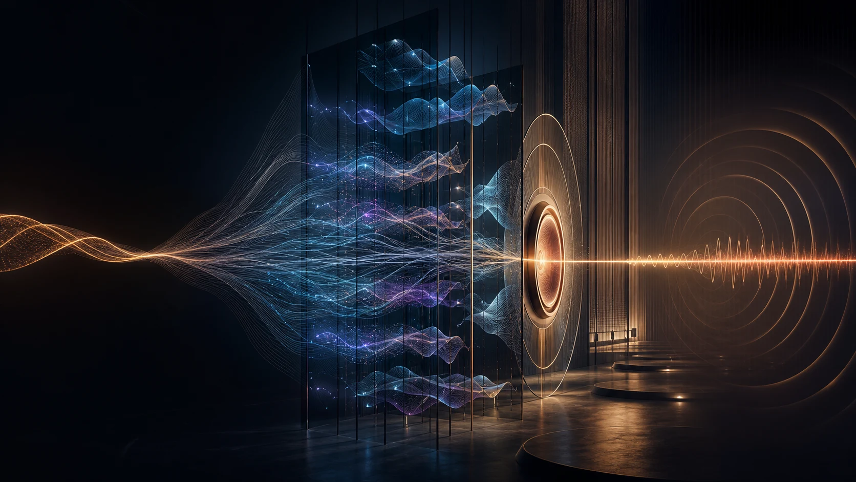 Abstract acoustic architecture where many cool-colored signal paths converge into one warm resonant waveform.